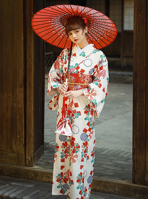 Immortal Maiden Japanese Style Elegant Classic Red Green Traditional Cherry Blossom Pattern Improved Kimono Yukata