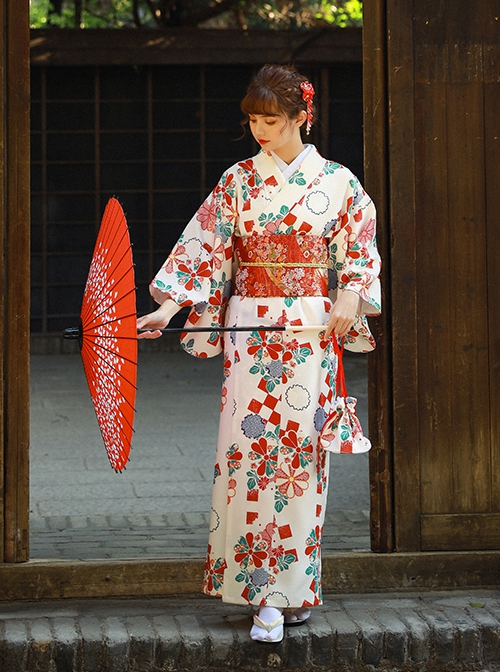 Immortal Maiden Japanese Style Elegant Classic Red Green Traditional Cherry Blossom Pattern Improved Kimono Yukata