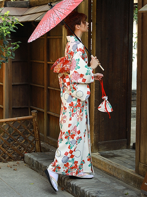 Immortal Maiden Japanese Style Elegant Classic Red Green Traditional Cherry Blossom Pattern Improved Kimono Yukata