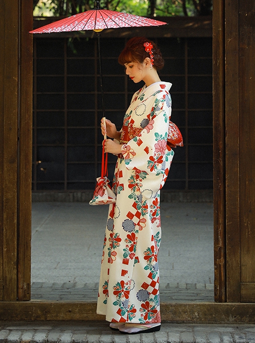 Immortal Maiden Japanese Style Elegant Classic Red Green Traditional Cherry Blossom Pattern Improved Kimono Yukata