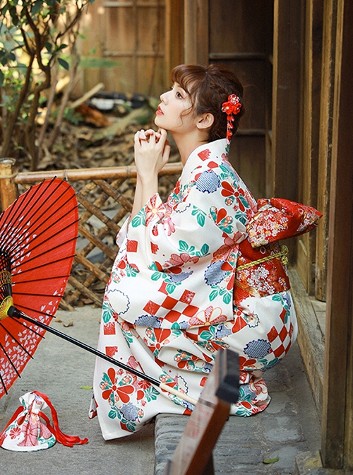 Immortal Maiden Japanese Style Elegant Classic Red Green Traditional Cherry Blossom Pattern Improved Kimono Yukata