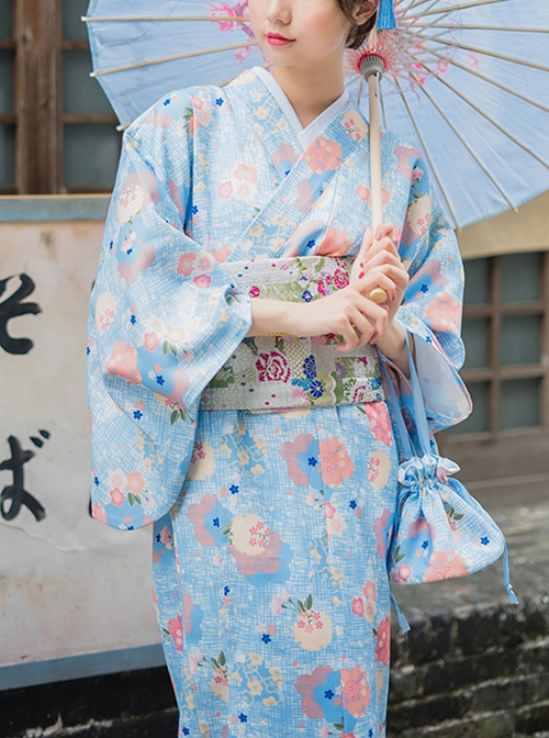 Japanese Style Cute Maiden Light Blue Classic Traditional Flower Clusters Pattern Improved Kimono Yukata