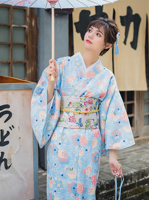 Japanese Style Cute Maiden Light Blue Classic Traditional Flower Clusters Pattern Improved Kimono Yukata