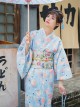 Japanese Style Cute Maiden Light Blue Classic Traditional Flower Clusters Pattern Improved Kimono Yukata