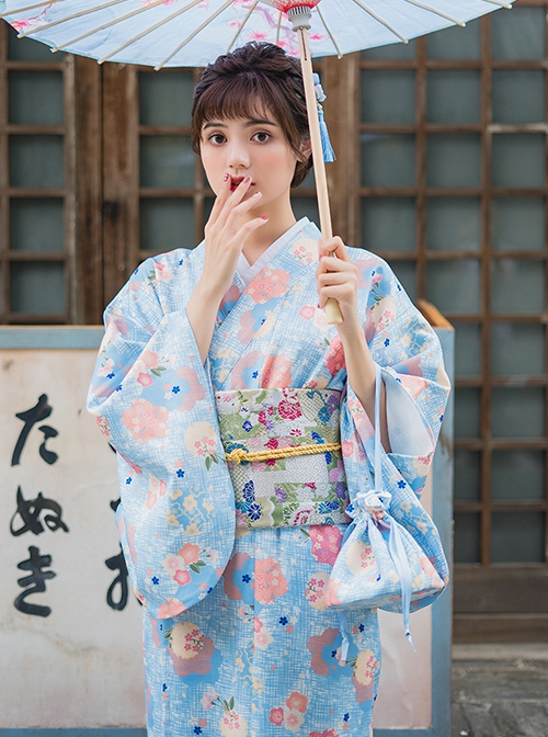 Japanese Style Cute Maiden Light Blue Classic Traditional Flower Clusters Pattern Improved Kimono Yukata