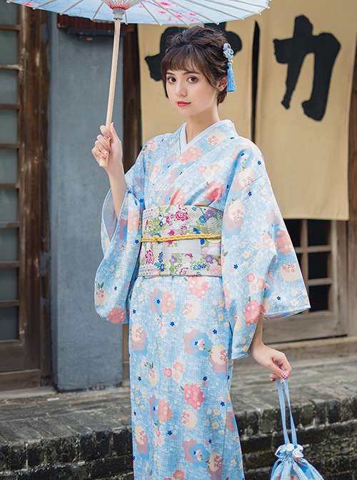 Japanese Style Cute Maiden Light Blue Classic Traditional Flower Clusters Pattern Improved Kimono Yukata