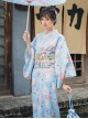 Japanese Style Cute Maiden Light Blue Classic Traditional Flower Clusters Pattern Improved Kimono Yukata