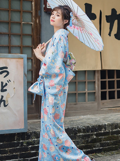 Japanese Style Cute Maiden Light Blue Classic Traditional Flower Clusters Pattern Improved Kimono Yukata