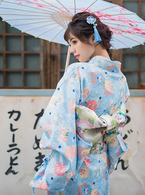 Japanese Style Cute Maiden Light Blue Classic Traditional Flower Clusters Pattern Improved Kimono Yukata