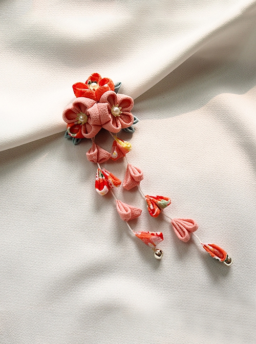 Handmade Japanese Style Crepe Cherry Blossom Tassel Traditional Jewelry Long Tassels Hair Accessory