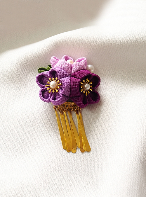 Handmade Japanese Style Pearl Cherry Blossom Metallic Tassel Flowers Traditional Jewelry Hairpin