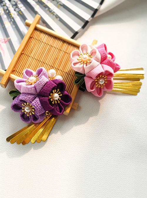 Handmade Japanese Style Pearl Cherry Blossom Metallic Tassel Flowers Traditional Jewelry Hairpin