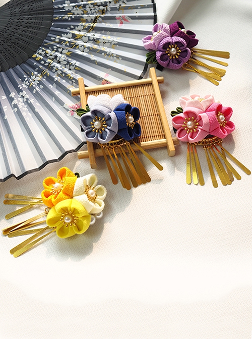 Handmade Japanese Style Pearl Cherry Blossom Metallic Tassel Flowers Traditional Jewelry Hairpin