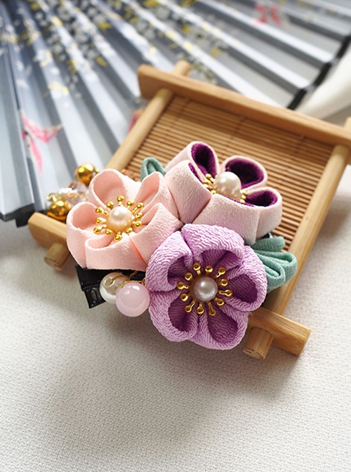 Handmade Japanese Style Cute Small Bell Pearl Cherry Blossom Bead Tassel Traditional Jewelry Hairpin