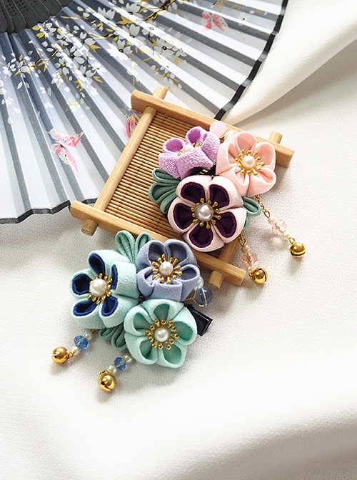 Handmade Japanese Style Cute Small Bell Pearl Cherry Blossom Bead Tassel Traditional Jewelry Hairpin