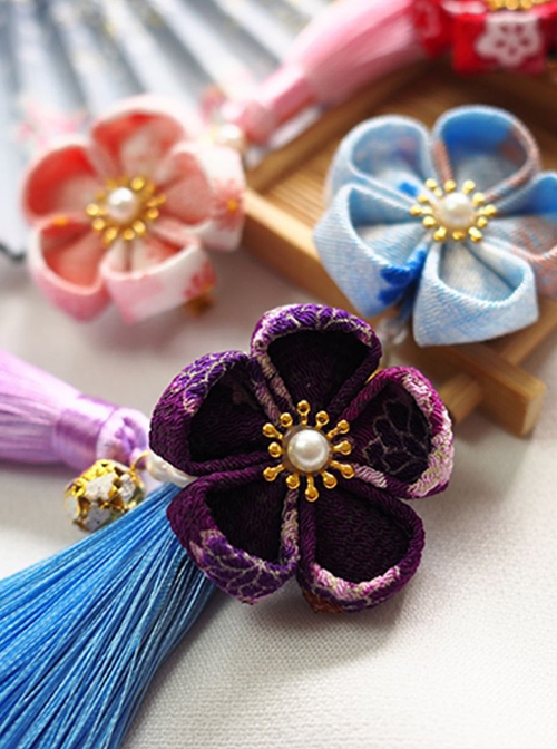 Handmade Japanese Style Cute Single Flower Pearl Cherry Blossom Bell Tassel Kimono Jewelry Hairpin