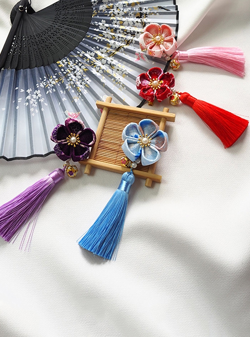 Handmade Japanese Style Cute Single Flower Pearl Cherry Blossom Bell Tassel Kimono Jewelry Hairpin