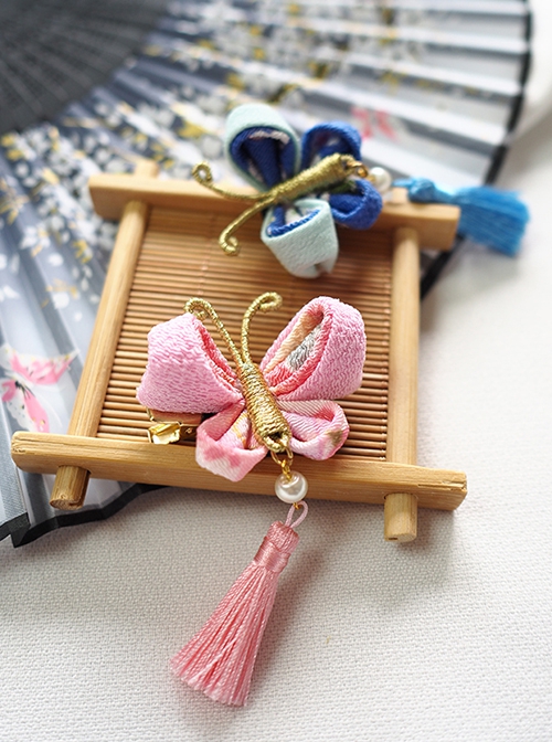 Handmade Japanese Style Cute Pearl Weaving Butterfly Tassel Kimono Jewelry Accessory Hairpin