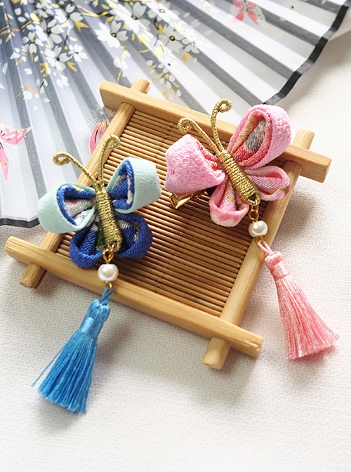 Handmade Japanese Style Cute Pearl Weaving Butterfly Tassel Kimono Jewelry Accessory Hairpin