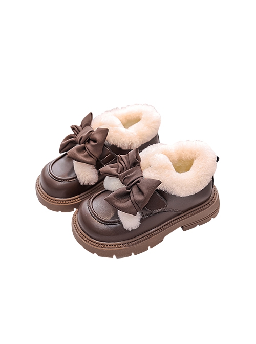 Autumn Winter Plus Velvet Girl Child Ribbon Bowknot College Style Soft Sole Low Heel Leather Short Boots