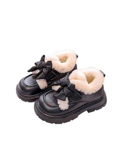 Autumn Winter Plus Velvet Girl Child Ribbon Bowknot College Style Soft Sole Low Heel Leather Short Boots