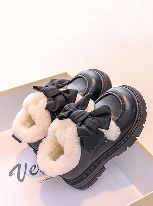 Autumn Winter Plus Velvet Girl Child Ribbon Bowknot College Style Soft Sole Low Heel Leather Short Boots