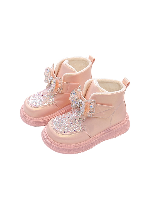 Princess Style Sparkling Diamond Bowknot Girl Kid Sweet Lolita Plus Thin Velvet Soft Bottom Snow Boots