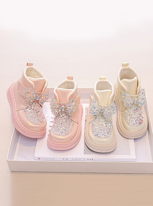 Princess Style Sparkling Diamond Bowknot Girl Kid Sweet Lolita Plus Thin Velvet Soft Bottom Snow Boots