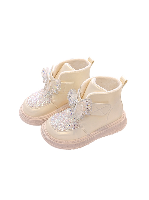 Princess Style Sparkling Diamond Bowknot Girl Kid Sweet Lolita Plus Thin Velvet Soft Bottom Snow Boots