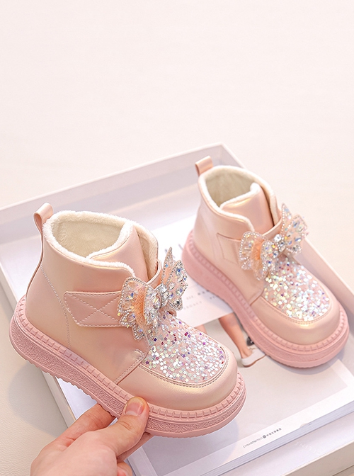 Princess Style Sparkling Diamond Bowknot Girl Kid Sweet Lolita Plus Thin Velvet Soft Bottom Snow Boots