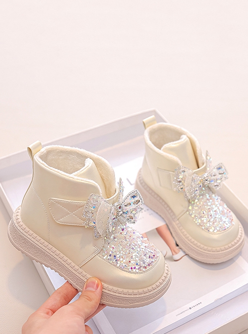 Princess Style Sparkling Diamond Bowknot Girl Kid Sweet Lolita Plus Thin Velvet Soft Bottom Snow Boots