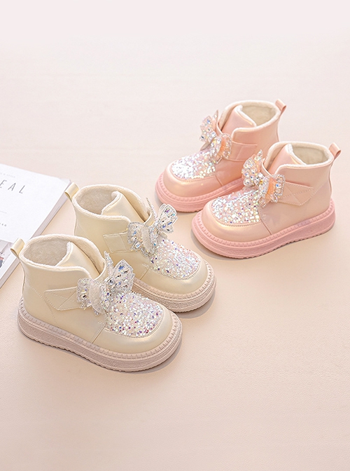 Princess Style Sparkling Diamond Bowknot Girl Kid Sweet Lolita Plus Thin Velvet Soft Bottom Snow Boots