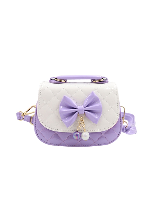 Girl Child Cute Princess Style Sweet Lolita Kid Bowknot Plaid Bead Pendant Crossbody Portable Bag