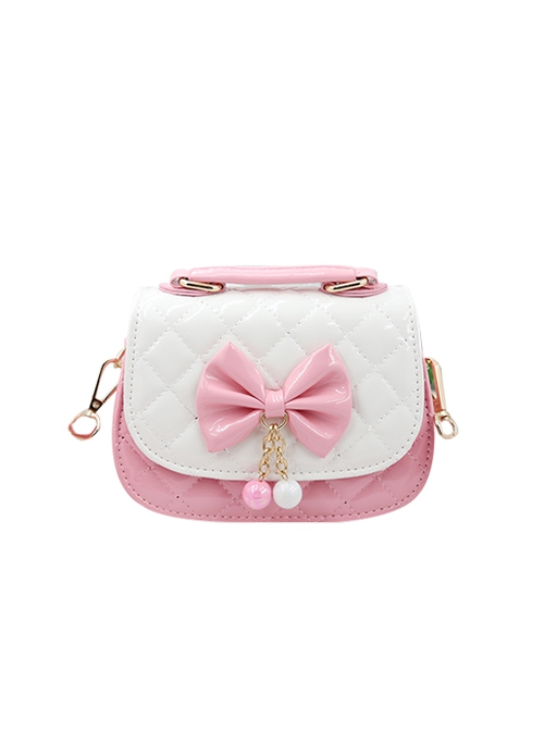 Girl Child Cute Princess Style Sweet Lolita Kid Bowknot Plaid Bead Pendant Crossbody Portable Bag