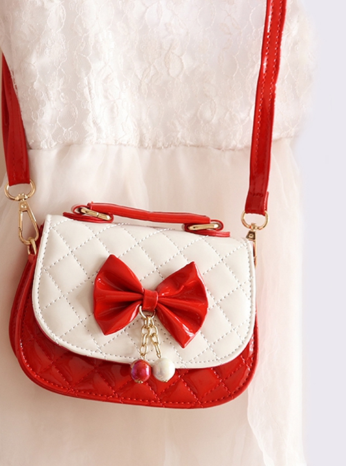 Girl Child Cute Princess Style Sweet Lolita Kid Bowknot Plaid Bead Pendant Crossbody Portable Bag