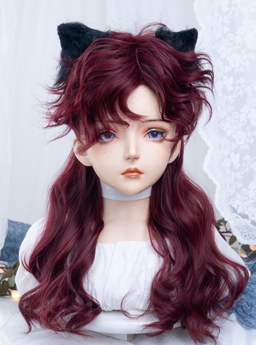 Burgundy Red Elegant Handsome Juvenile Stylish Long Curly Hair Fluffy Bangs Classic Lolita Full Head Wig