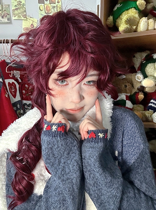 Burgundy Red Elegant Handsome Juvenile Stylish Long Curly Hair Fluffy Bangs Classic Lolita Full Head Wig