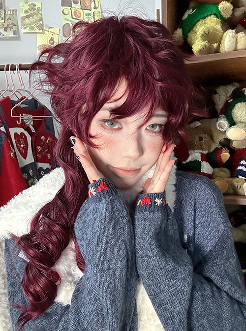 Burgundy Red Elegant Handsome Juvenile Stylish Long Curly Hair Fluffy Bangs Classic Lolita Full Head Wig