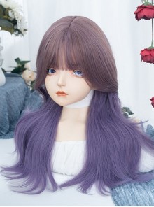 Harajuku Lotus Root Pink Purple Gradient Stylish Long Straight Large Curly Hair Flat Bangs Sweet Lolita Full Head Wig