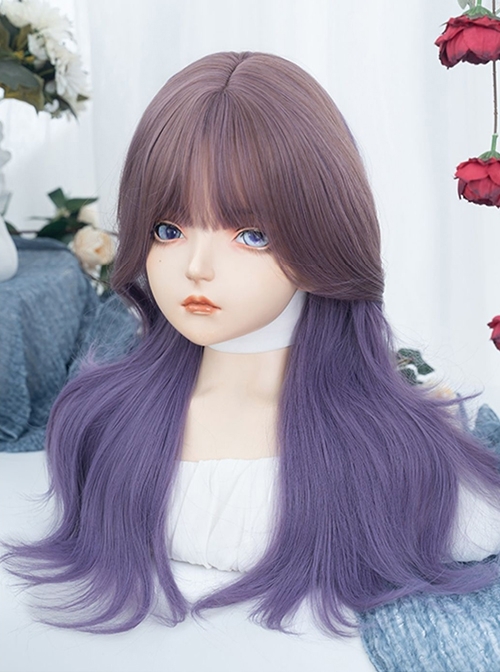Harajuku Lotus Root Pink Purple Gradient Stylish Long Straight Large Curly Hair Flat Bangs Sweet Lolita Full Head Wig