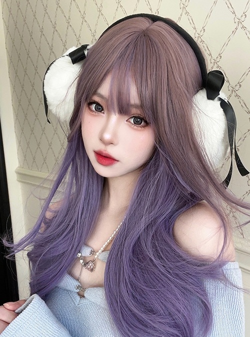 Harajuku Lotus Root Pink Purple Gradient Stylish Long Straight Large Curly Hair Flat Bangs Sweet Lolita Full Head Wig