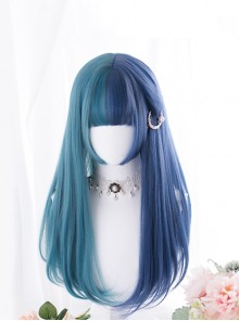 Harajuku Blue Green Gradient Ocean Color Stylish Long Straight Hair Princess Cut Flat Bangs Sweet Lolita Full Head Wig