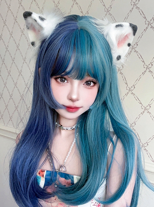 Harajuku Blue Green Gradient Ocean Color Stylish Long Straight Hair Princess Cut Flat Bangs Sweet Lolita Full Head Wig