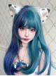Harajuku Blue Green Gradient Ocean Color Stylish Long Straight Hair Princess Cut Flat Bangs Sweet Lolita Full Head Wig