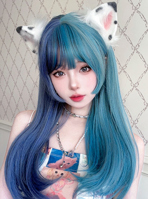 Harajuku Blue Green Gradient Ocean Color Stylish Long Straight Hair Princess Cut Flat Bangs Sweet Lolita Full Head Wig