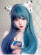 Harajuku Blue Green Gradient Ocean Color Stylish Long Straight Hair Princess Cut Flat Bangs Sweet Lolita Full Head Wig