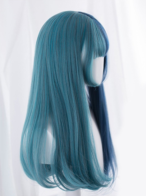 Harajuku Blue Green Gradient Ocean Color Stylish Long Straight Hair Princess Cut Flat Bangs Sweet Lolita Full Head Wig