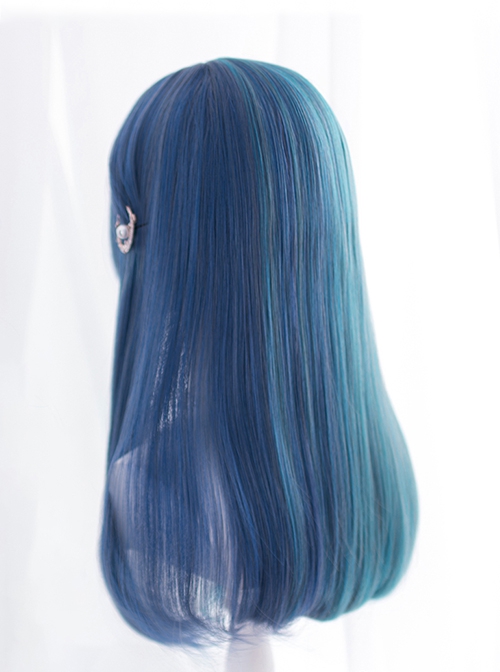 Harajuku Blue Green Gradient Ocean Color Stylish Long Straight Hair Princess Cut Flat Bangs Sweet Lolita Full Head Wig