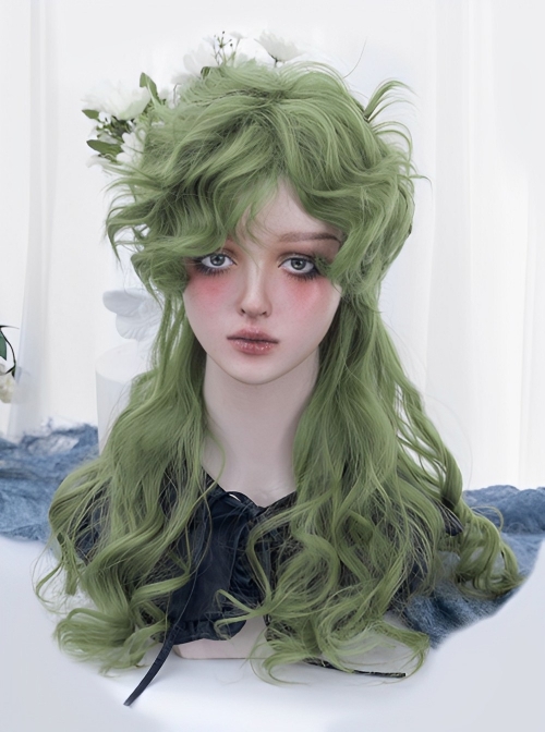 Elf Avocado Green Color Juvenile Sense Prince Stylish Curly Bangs Long Curly Hair Classic Lolita Full Head Wig