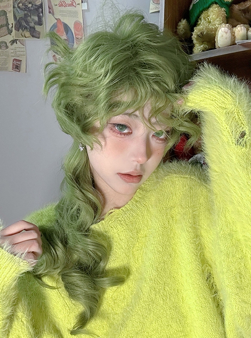 Elf Avocado Green Color Juvenile Sense Prince Stylish Curly Bangs Long Curly Hair Classic Lolita Full Head Wig